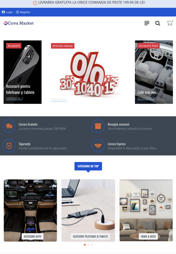 Cova Market — design tabletă